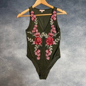 Solaris Green Red Pink Floral Embroidery Sheer Mesh Snap Button Bodysuit Size S